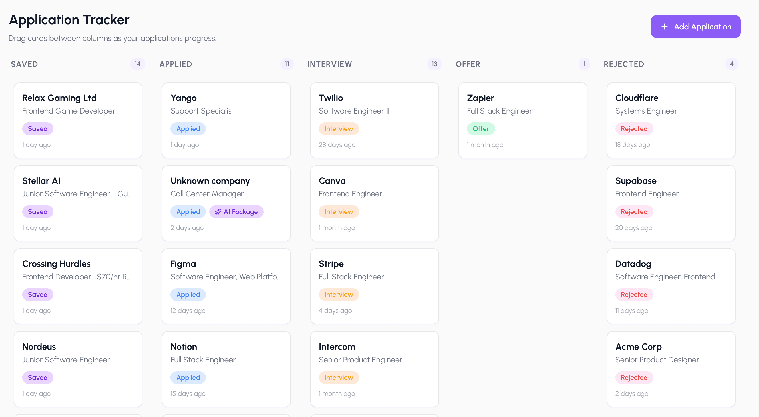 Application tracker board with job postings